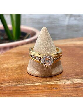 Vintage Gold Tone CZ Solitaire Ring with Channel Set Accent Stones Bridal Sz 8